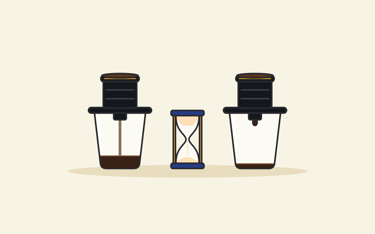 Illustration of two black phin filters on glasses, one pouring a fast stream and one releasing a single slow drop, with an hourglass between them