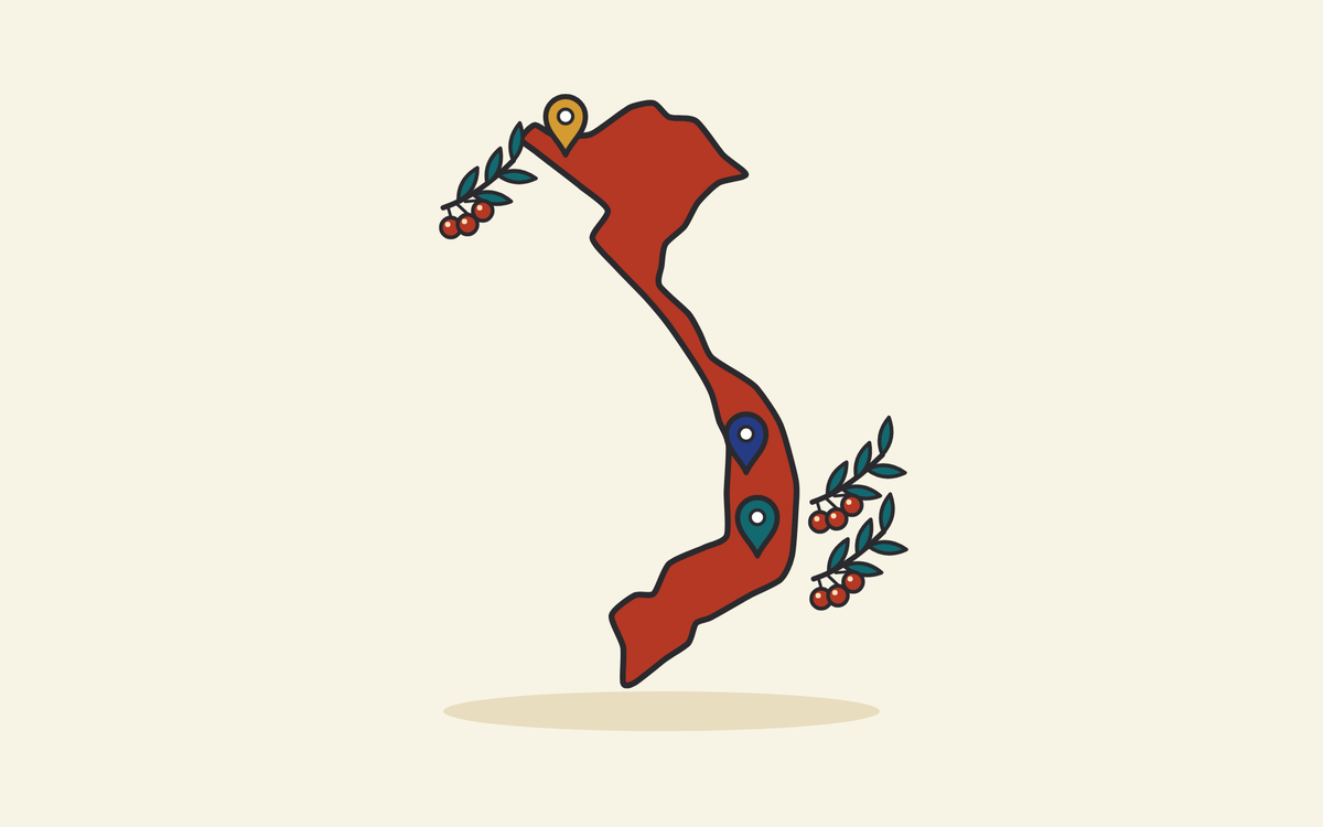 Illustrated map of Vietnam with pins marking PHIN's three coffee regions: Lai Châu in the north, and Buôn Ma Thuột and Đà Lạt in the Central Highlands