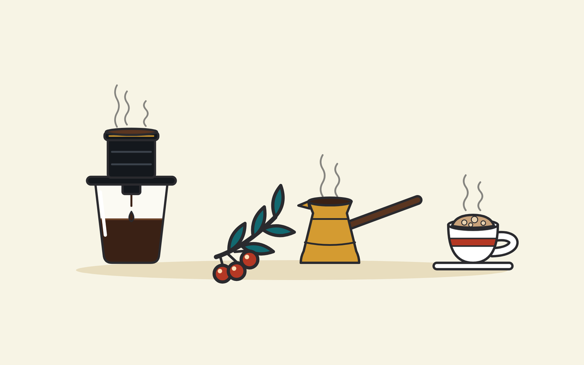 Illustration of a black phin filter dripping coffee into a glass, a coffee branch with red cherries, a brass cezve and a small cup of foamy Turkish coffee