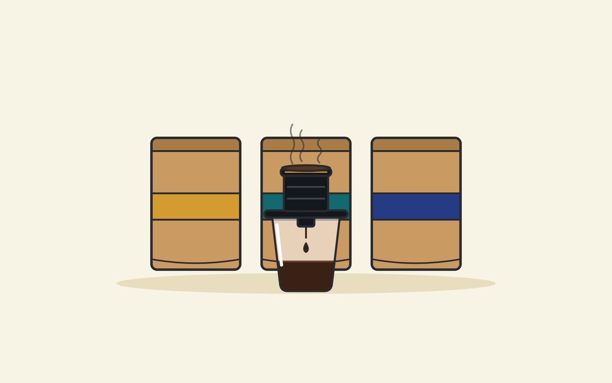 Illustration of three coffee bags with gold, teal and navy labels behind a black phin filter dripping coffee into a glass