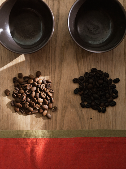 Split bowls of roasted arabica and robusta coffee beans showing the color and roast difference