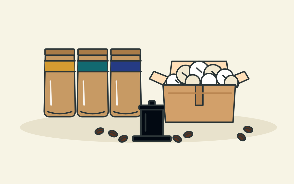 Illustration of three coffee bags with gold, teal and navy labels, a black phin filter and an open shipping box full of packing material, with coffee beans scattered in front