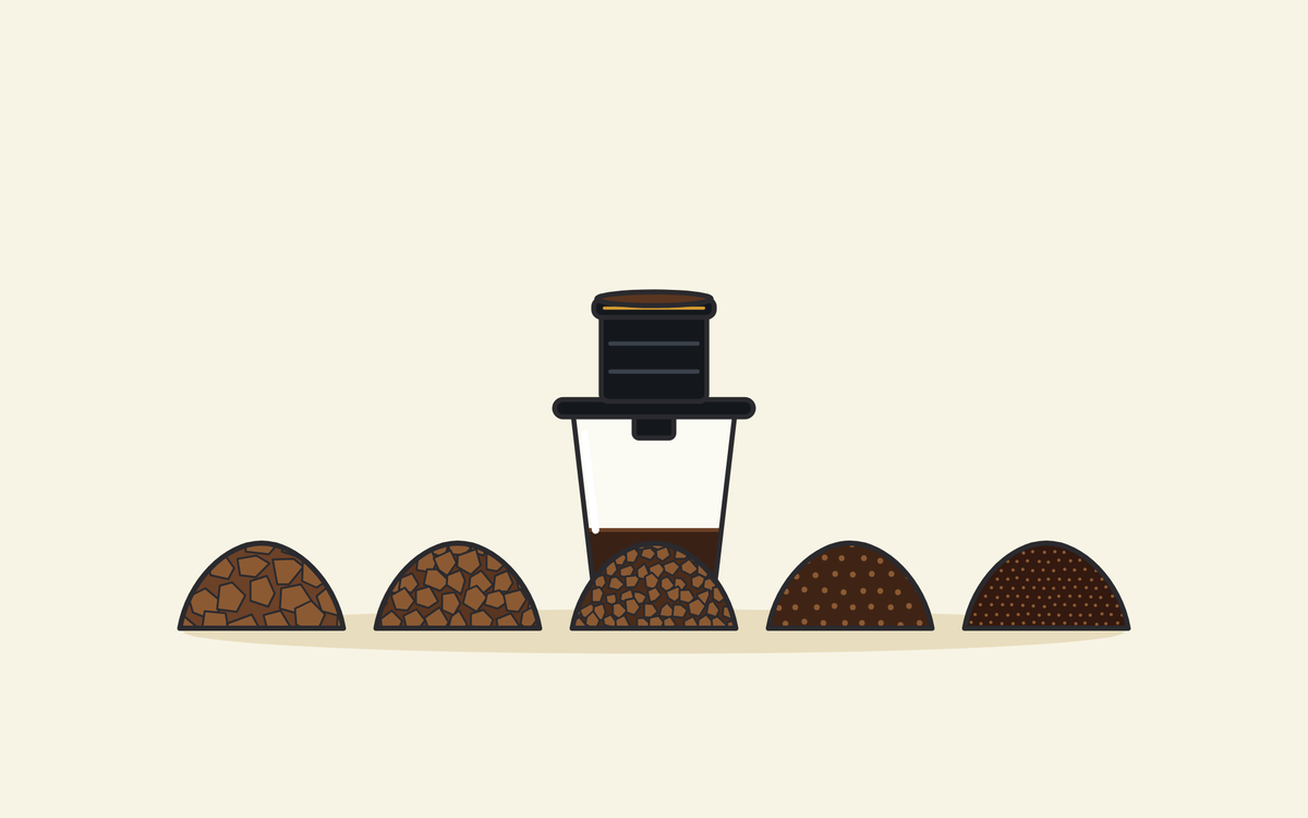 Illustration of five mounds of ground coffee going from coarse to fine, with a black phin filter on a glass behind the middle one