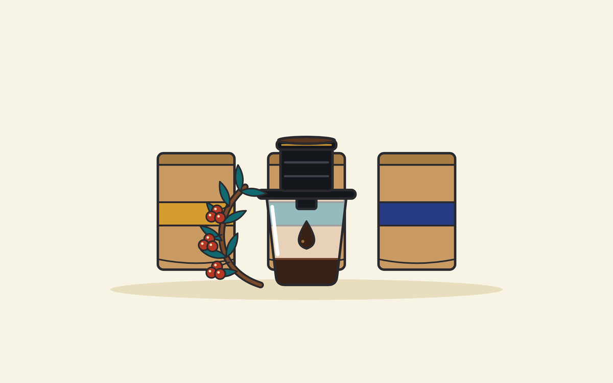 Illustration of a black phin filter dripping coffee into a glass, with a coffee branch and three coffee bags behind it