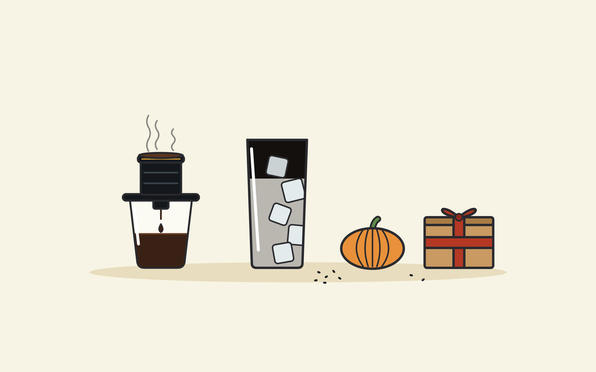 Illustration of a black phin filter dripping into a glass, a tall glass of black sesame iced coffee with ice, a small orange pumpkin and a kraft gift box tied with a red ribbon