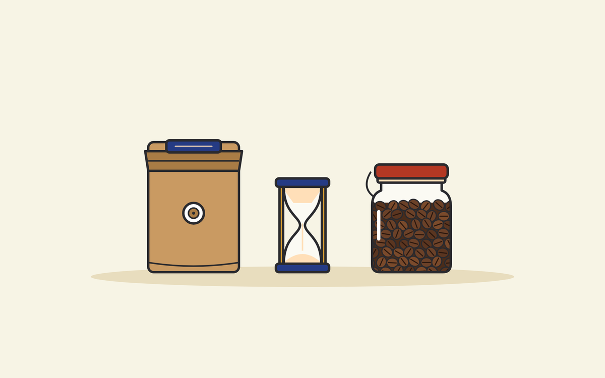 Illustration of a sealed coffee bag with a one-way valve, an hourglass and an airtight jar of roasted coffee beans