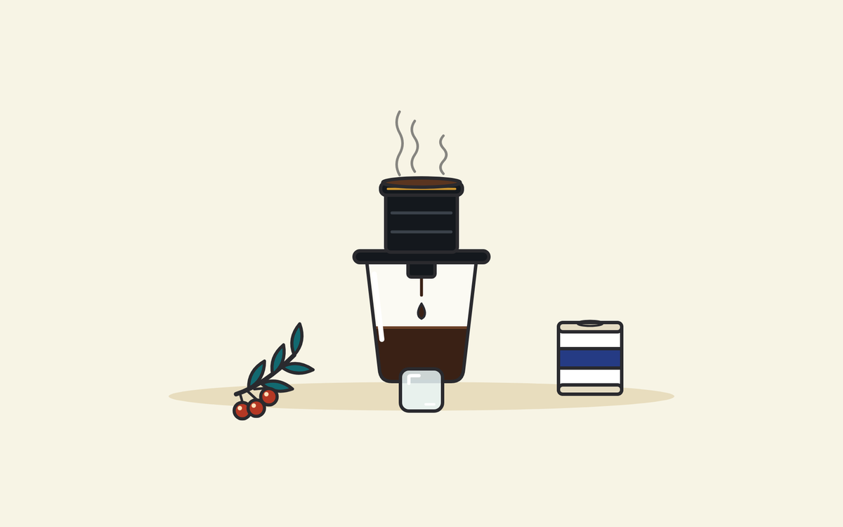 Illustration of a black phin filter dripping coffee into a glass, with a sprig of coffee cherries, an ice cube and a tin of condensed milk