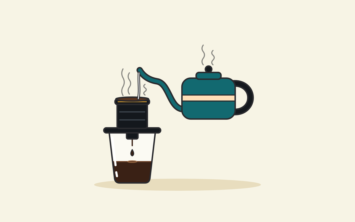 Illustration of a teal gooseneck kettle pouring a thin stream of hot water into a black phin filter on a glass, with coffee dripping into the glass below