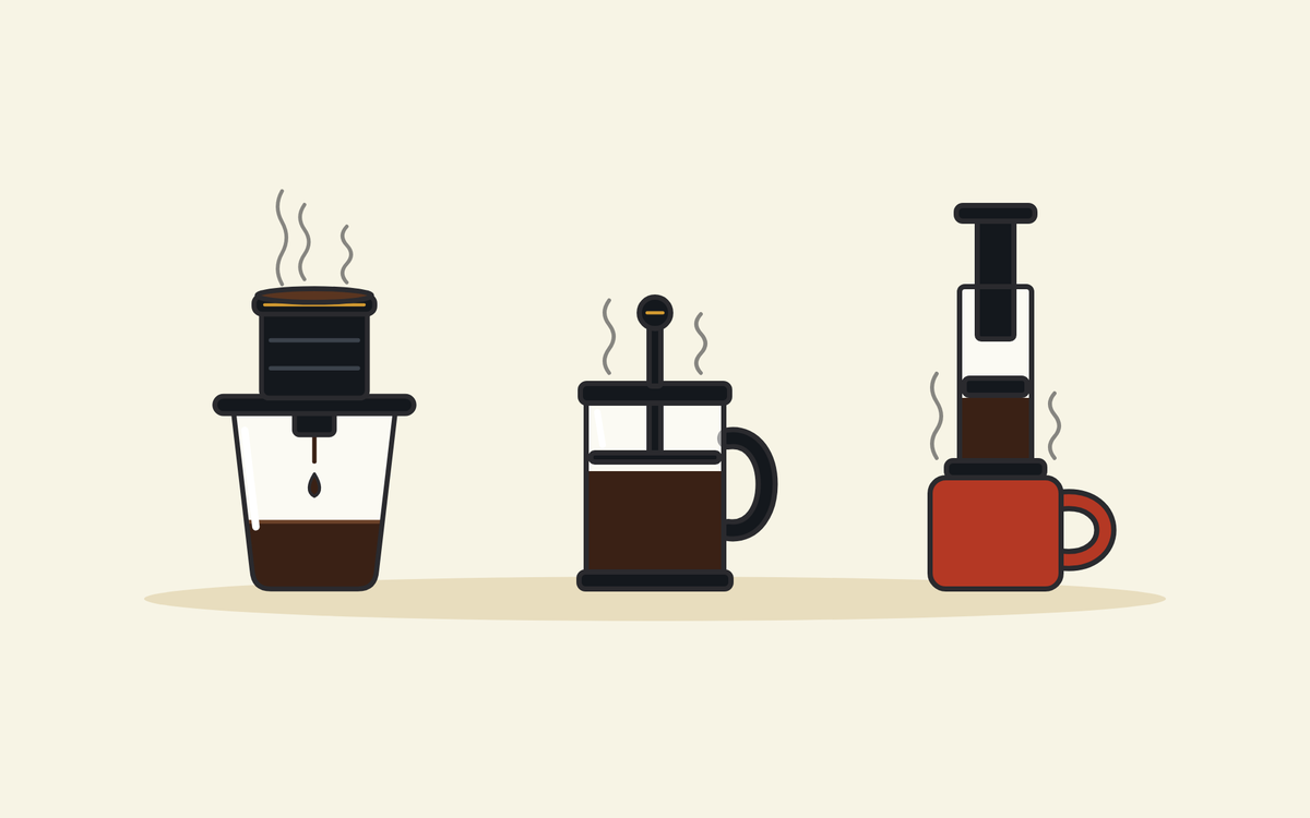 Illustration of three coffee brewers side by side: a black phin filter on a glass, a French press, and a plunger brewer pressing into a red mug