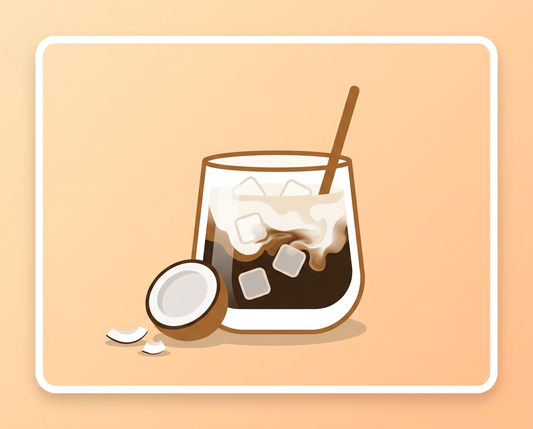 Illustration of Ca Phe Cot Dua, Vietnamese coconut coffee, with coconut halves beside the glass