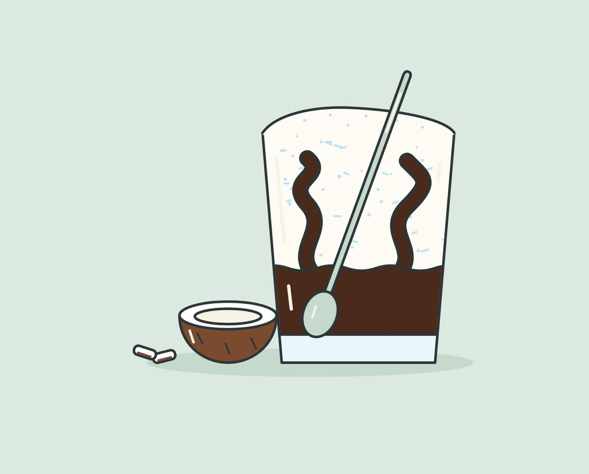 Illustration of cà phê cốt dừa, Vietnamese coconut coffee: coffee under a white coconut-cream slush, with half a coconut