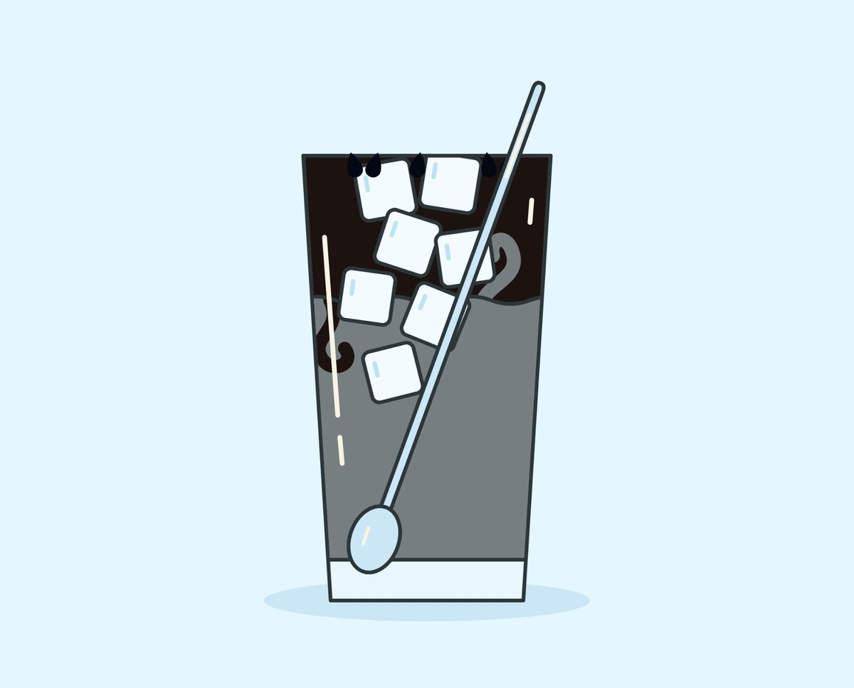 Illustration of cà phê mè đen, black sesame iced coffee: a dark coffee layer over grey black sesame cream and ice