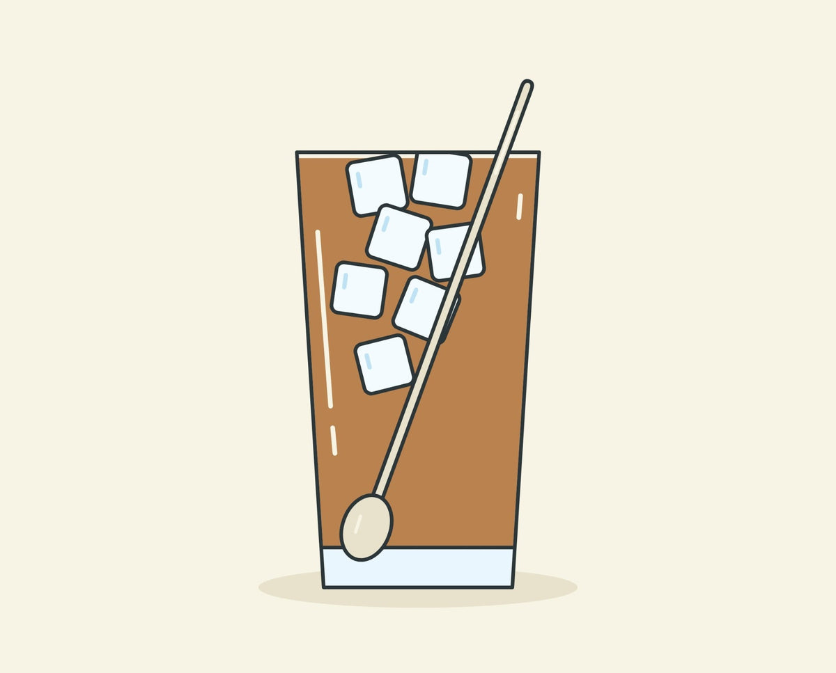Illustration of cà phê nâu đá, Vietnamese iced brown coffee with milk, in a tall glass with ice