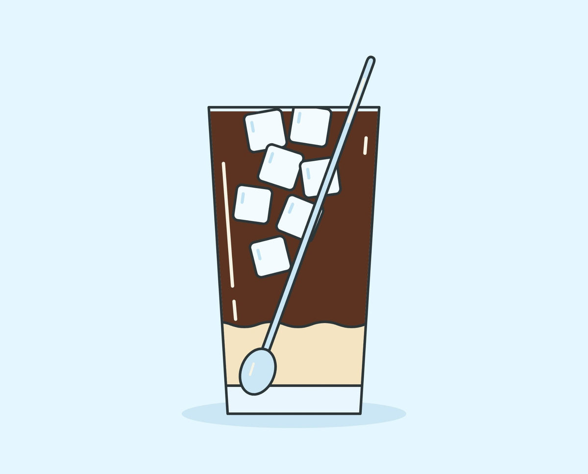 Illustration of cà phê sữa đá, Vietnamese iced milk coffee: coffee and ice in a tall glass over a layer of condensed milk