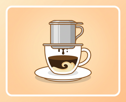 Illustration of Ca Phe Sua Nong, hot Vietnamese milk coffee, with a phin filter dripping into a cup