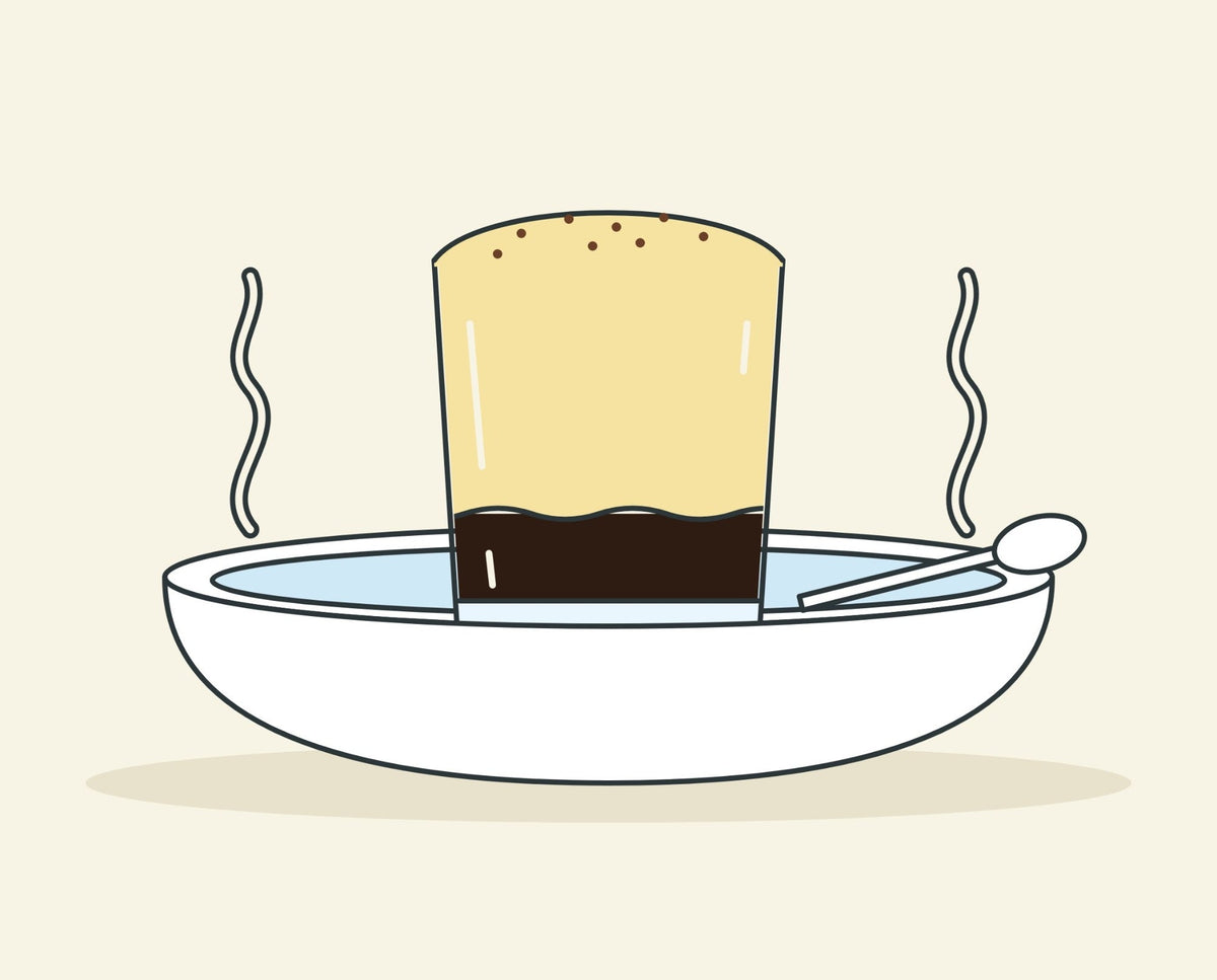 Illustration of cà phê trứng, Vietnamese egg coffee: whipped egg cream over coffee, the glass standing in a bowl of hot water