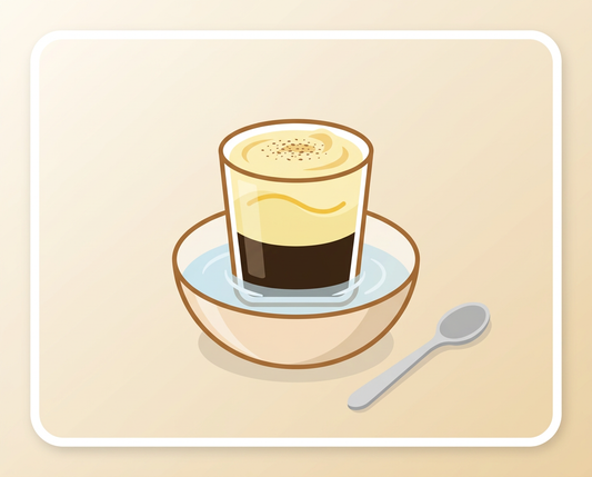 Illustration of Ca Phe Trung, Vietnamese egg coffee, glass in a bowl of hot water with whipped egg cream on top
