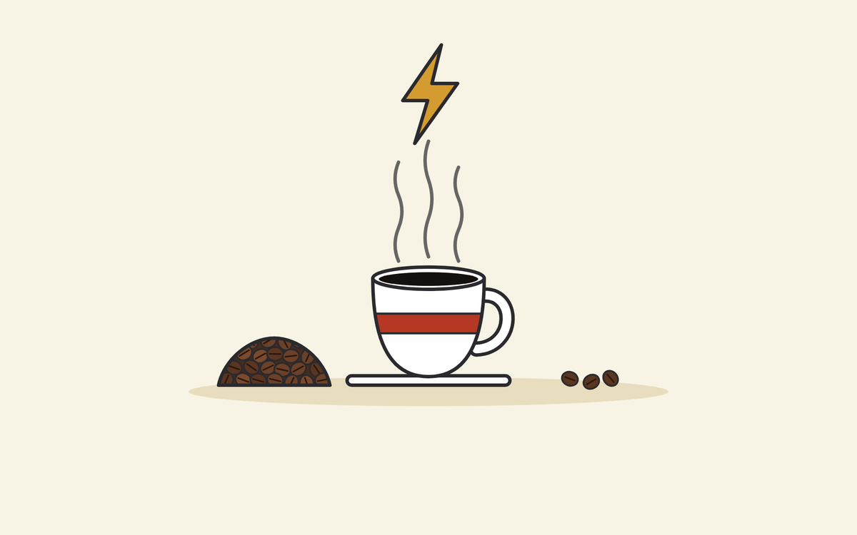 Illustration of a steaming cup of black coffee under a gold lightning bolt, beside a pile of roasted Robusta beans