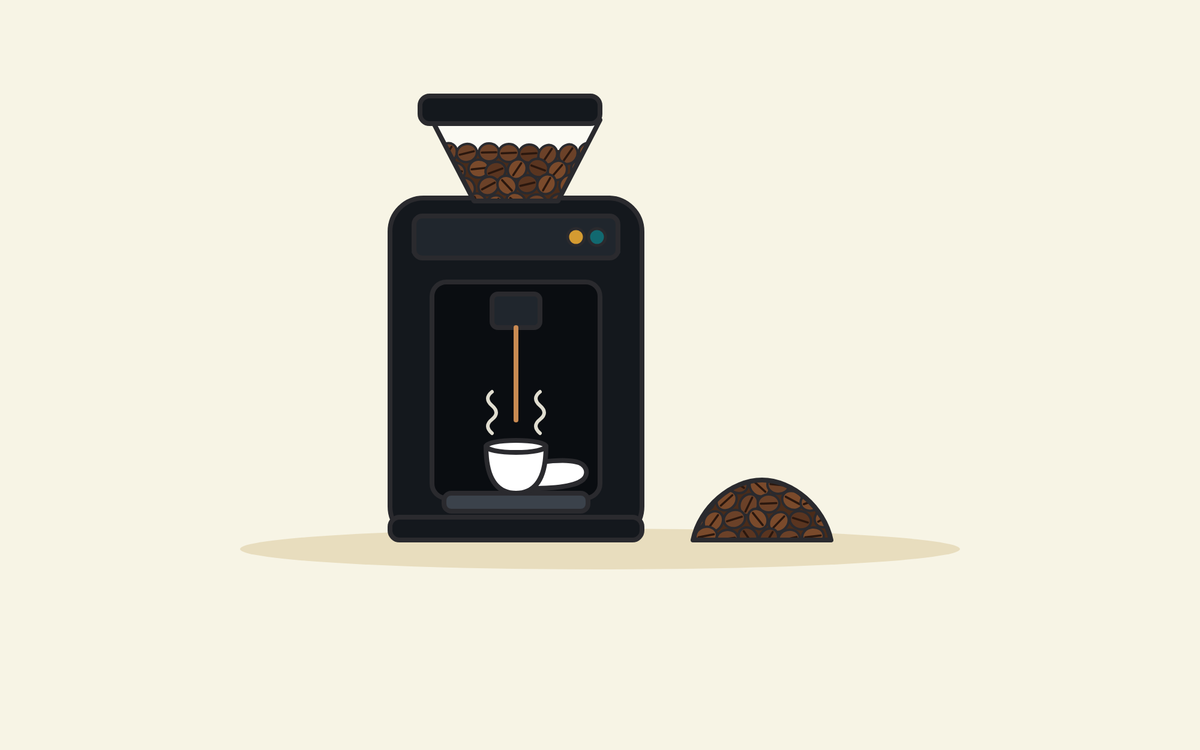 Illustration of a black bean-to-cup coffee machine pouring coffee into a cup, beside a pile of roasted beans