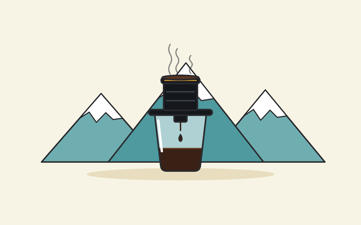 Illustration of a black phin filter dripping coffee into a glass in front of snow-capped mountains