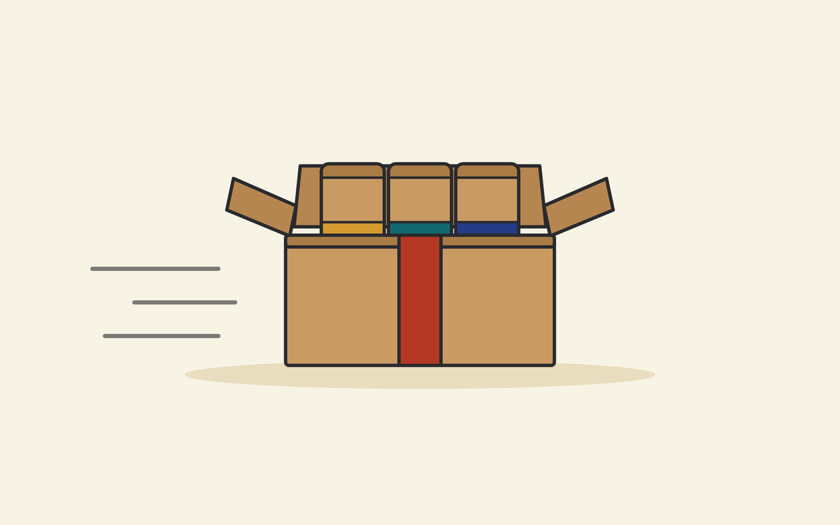 Illustration of an open shipping box with three coffee bags inside, sealed with red tape and on its way
