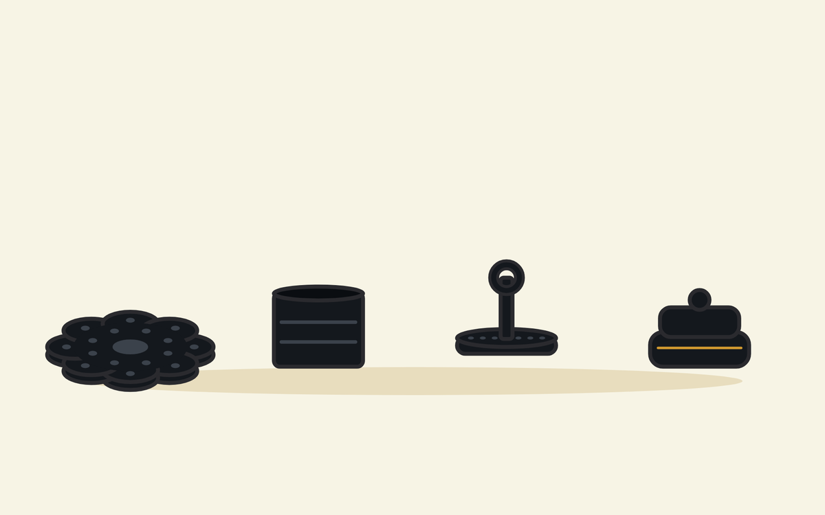 Illustration of a black phin filter taken apart into its four pieces: base plate, brewing chamber, press insert and lid