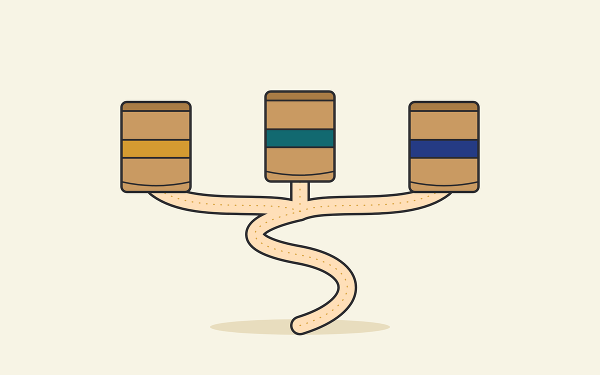Illustration of a winding path splitting into three branches, each leading to a coffee bag with a gold, teal or navy label